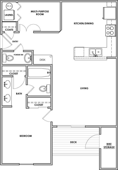 Floor plan for 1 bed, 1.5 baths, 763 sqft